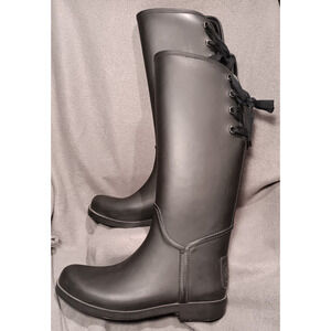 Coach Tristee Matte Black Rubber Mid‑Calf Rain Boots Laced Back Detail US 9B